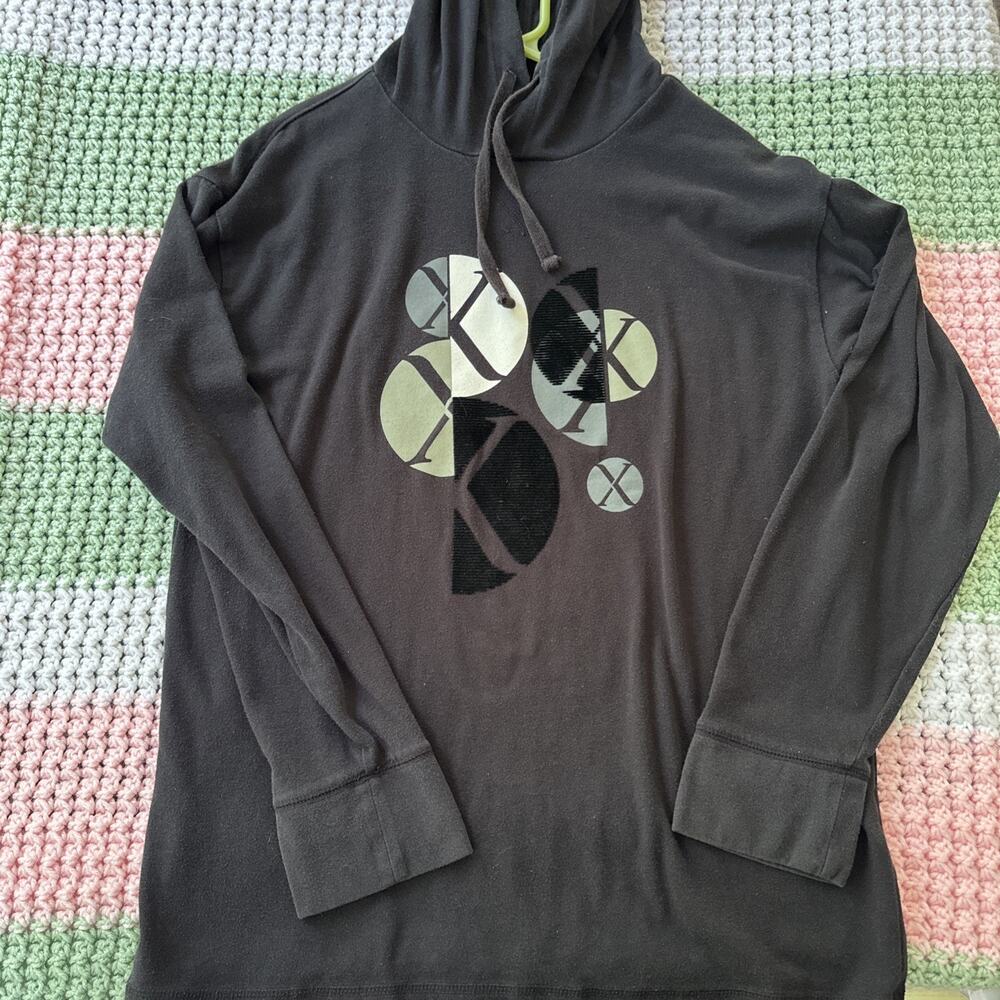 Express Black Hooded Long-Sleeve Shirt with Geometric Chest Graphic Size Large